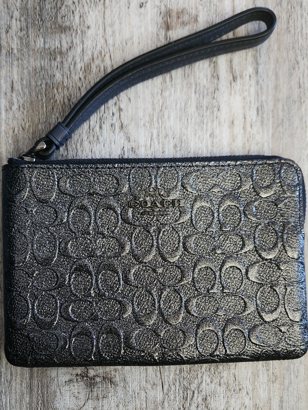 Coach F39168 Signature Glitter Patent Leather Corner Zip Wristlet, QB/Charcoal